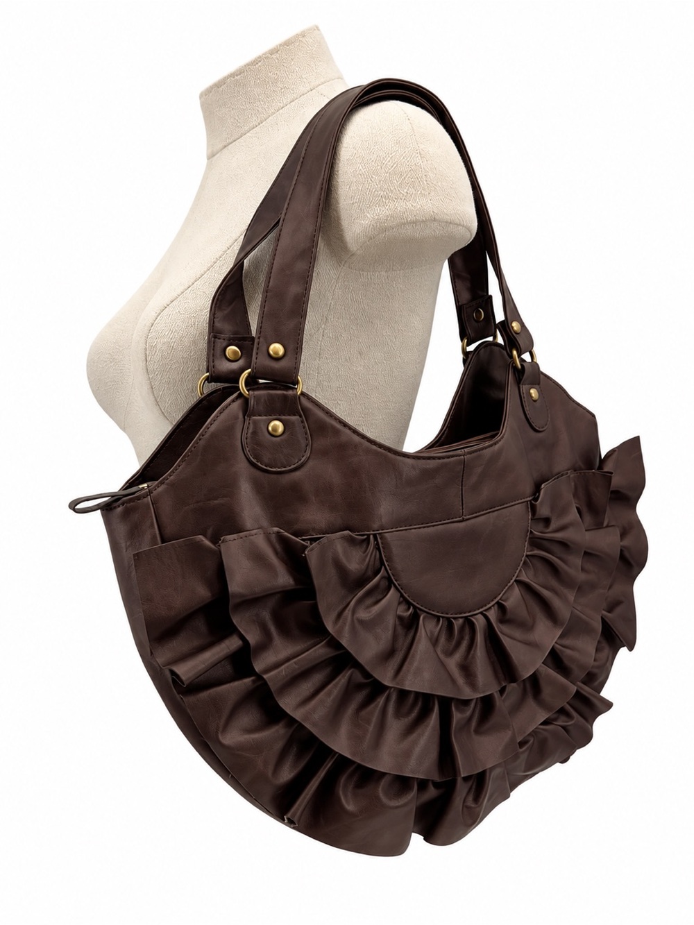 Naturalizer Brown Ruffle Shoulder Bag Large Pleated Y2K Boho Purse Metallic